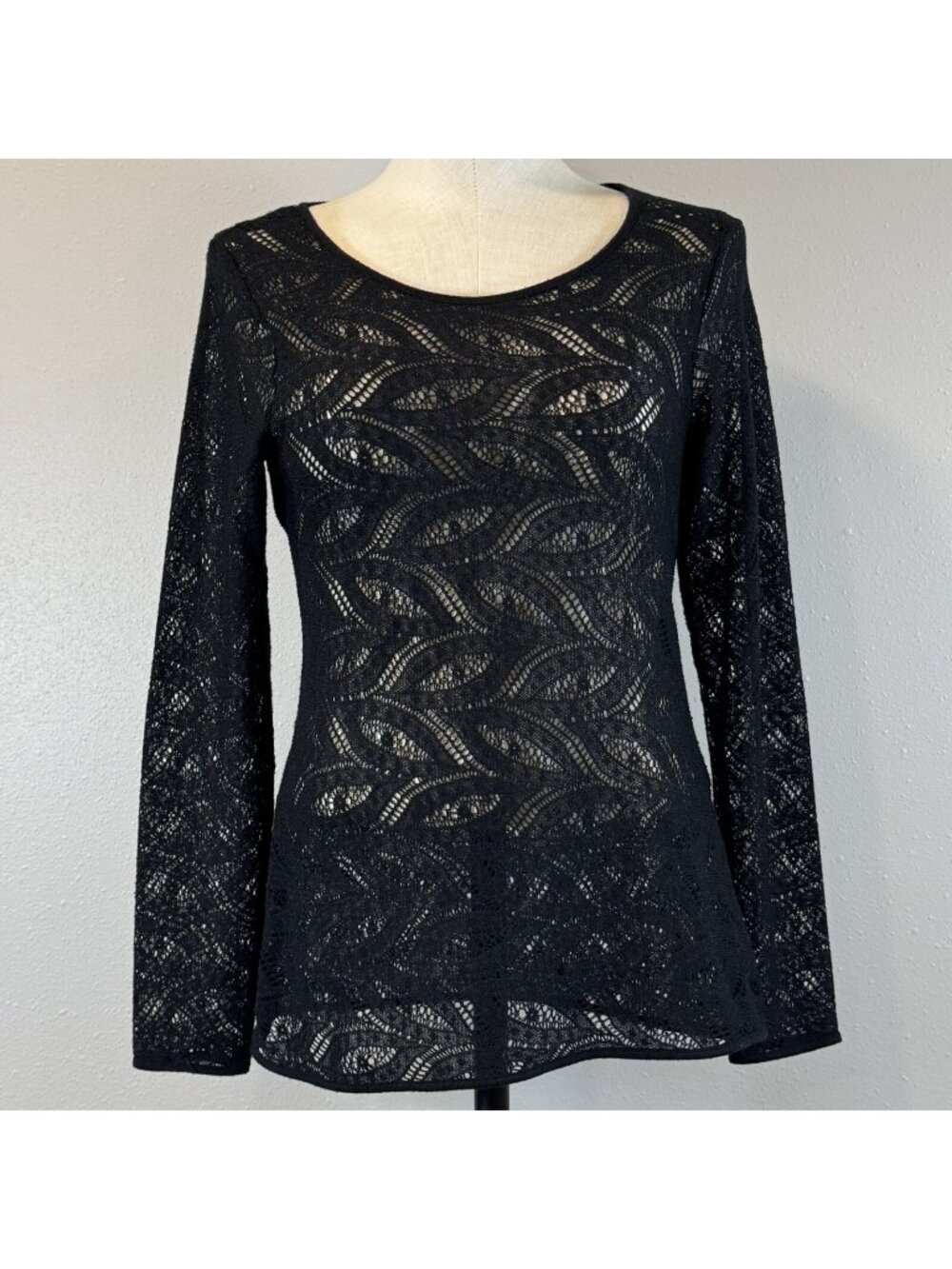 Willow Bay Crochet Blouse Womens Size Small Black Long Sleeve Lace Semi Sheer